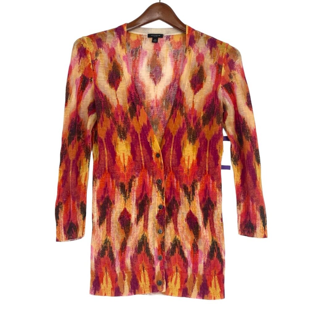 Ann Taylor Womens XS Silk Linen Cardigan 3/4 Sleeve Aztec Colorful Southwest